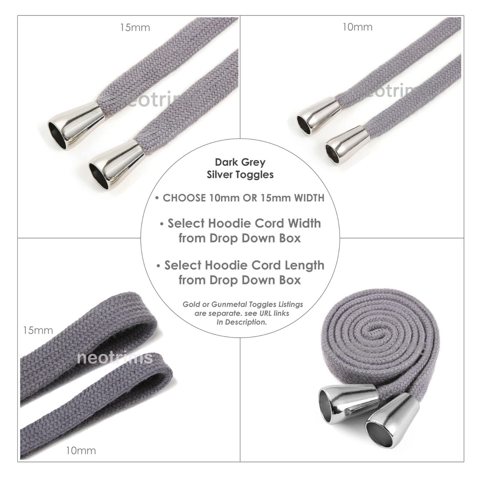Sweatshirt Hoodie Drawstring with Silver Metal Toggle Tip Ends.100% Cotton Cord Rope,10/15mm Width.Hoody Replacement Drawstring. [15mm - Image 3