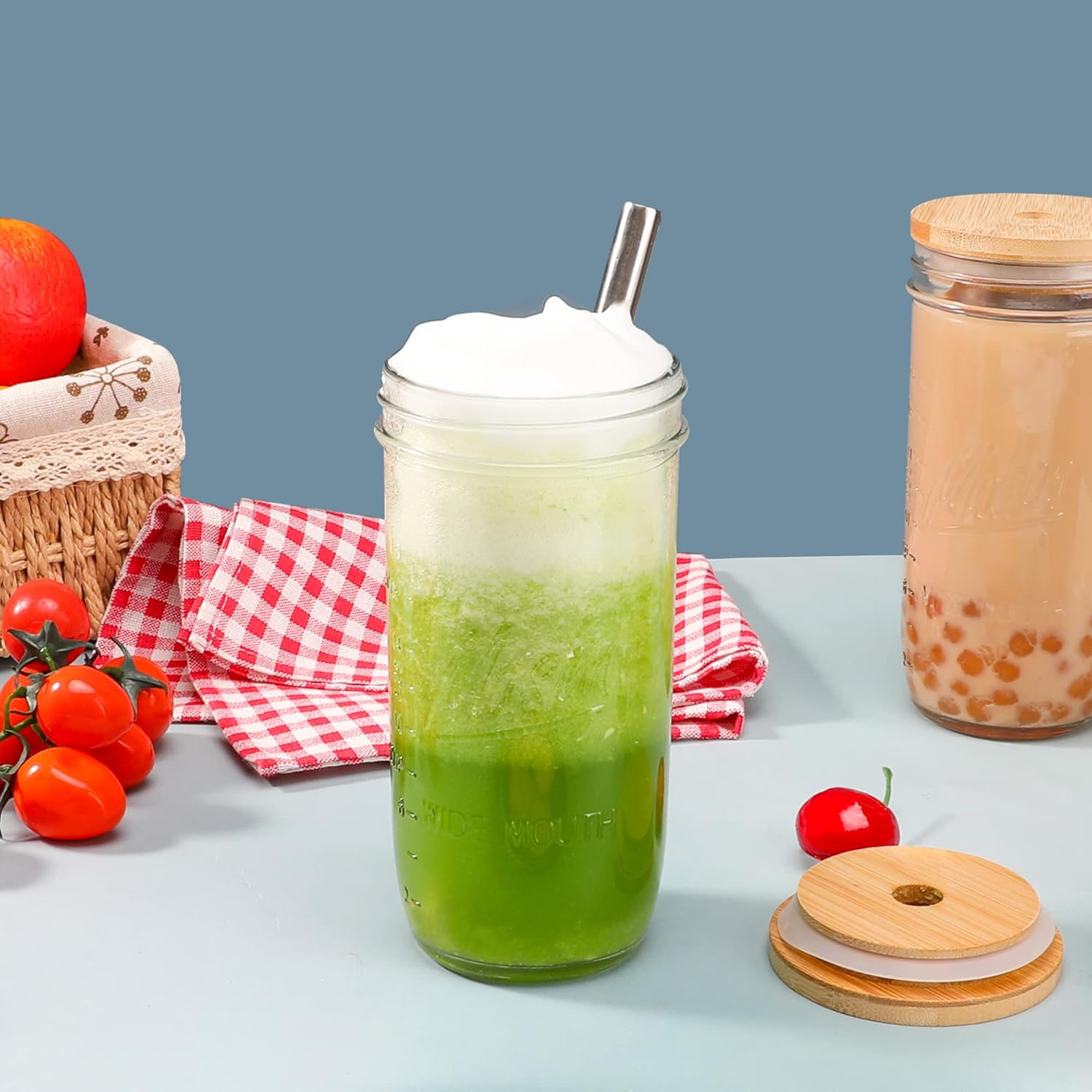Mason 4 Pack Reusable Tea Cups, Glass Jars 24oz Wide Mouth Smoothie Cups with Bamboo Lids and Silver Straws, Drinking Glass Bubble Tea Cups for Iced Coffee Travel Bottle - Image 4