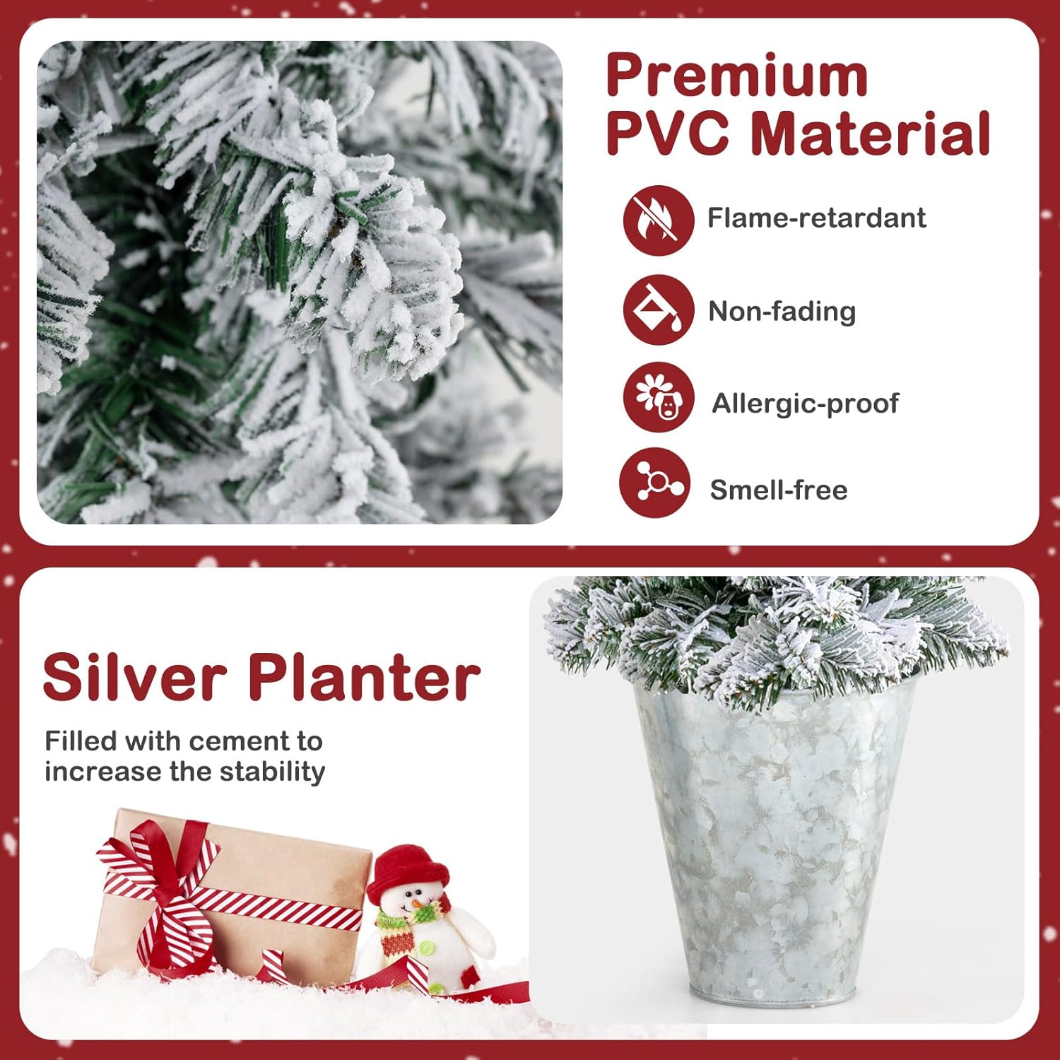 GOFLAME Set of 3 Pre-Lit Potted Christmas Trees, Snow Flocked Pencil Christmas Tree Set 3Ft, 4Ft and 5Ft with Warm White LED Lights, Timer, Holiday Decoration Tree for Home Party