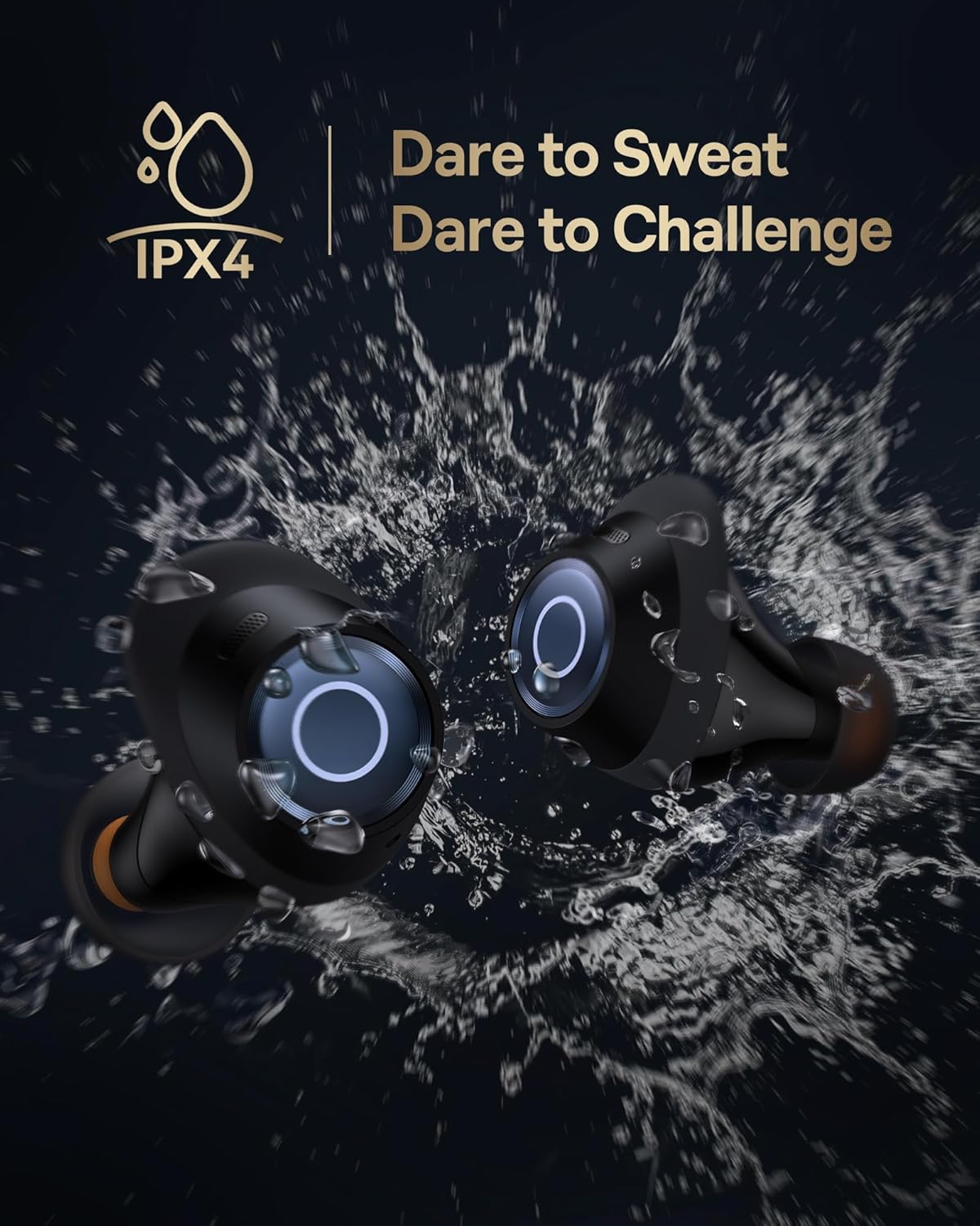 Baseus Bowie MA10S earbuds being splashed with water, illustrating IPX4 waterproof rating