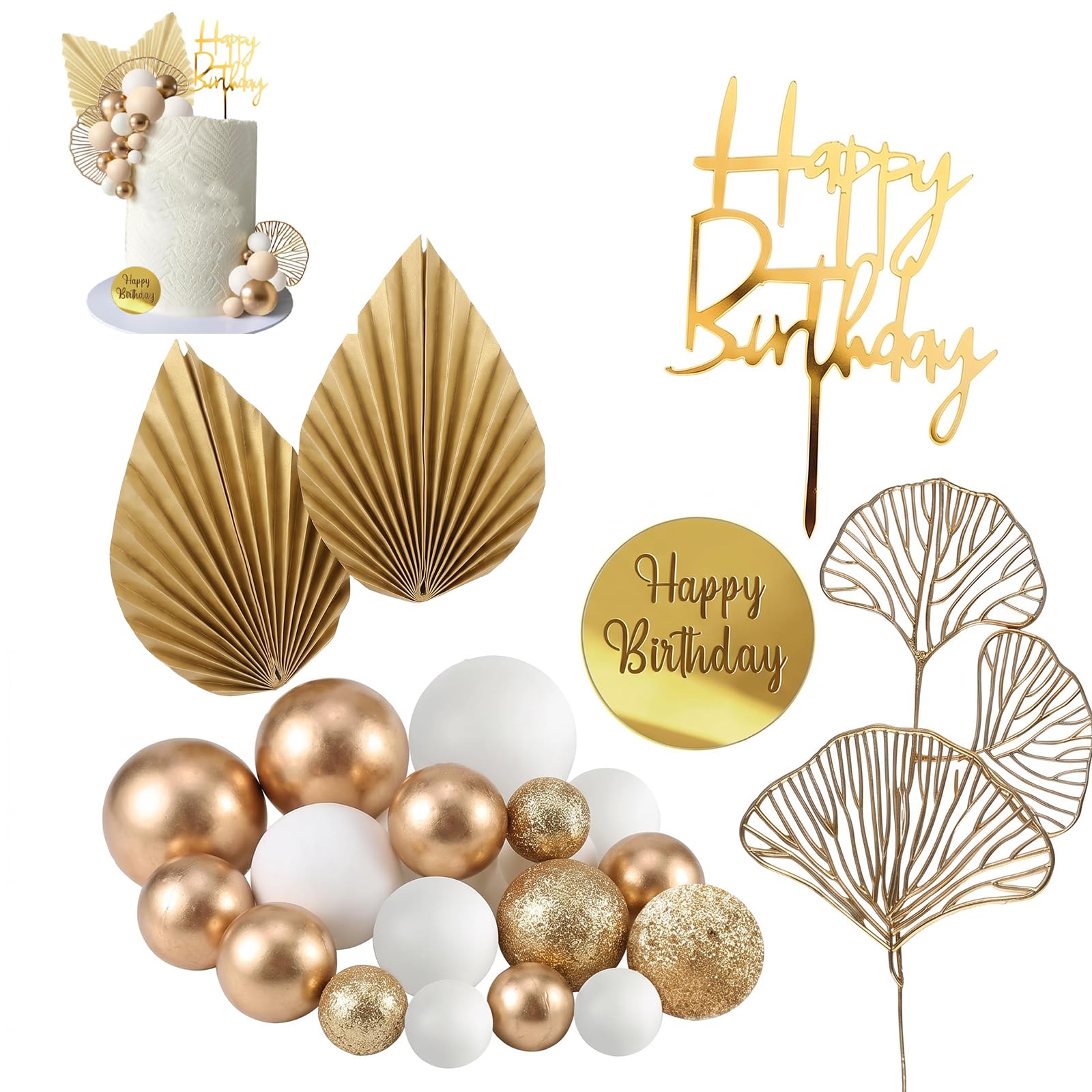 30Pcs Gold Cake Decorations, Gold Cake Decorations for Birthday, Wedding