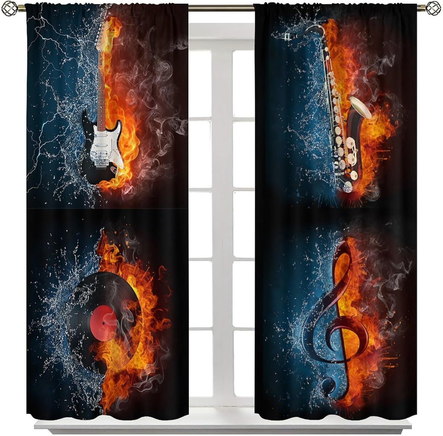 Music Curtains, Fire Water Musical Note Guitar Musical Iinstrument Cool Window Treatments for Bedroom Living Room Nursery Kids Room Blackout Decorative Drapes 2 Panel Sets,72x63 Inch