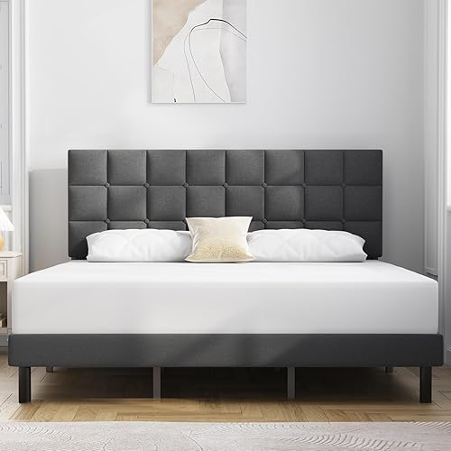 Molblly King Bed Frame Upholstered Platform with Headboard and Strong Wooden Slats,Non-Slip and Noise-Free,No Box Spring Needed, Easy Assembly,Dark Gray