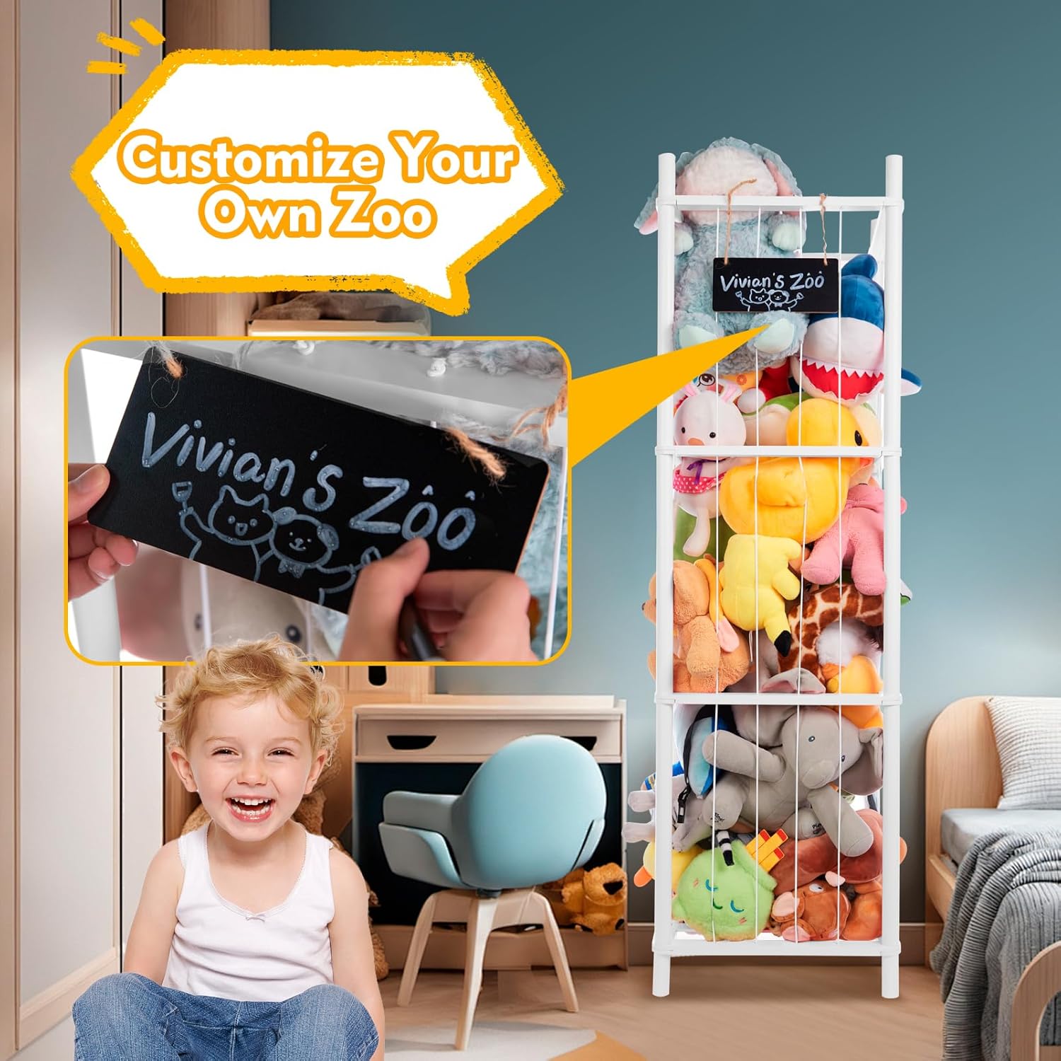 Large Stuffed Animal Storage Organizer, Wooden Stuffed Animal Storage Zoo, Toy Holder, Space Saving Toy Tower for Kidroom, Playroom, Kid’s Gift, White