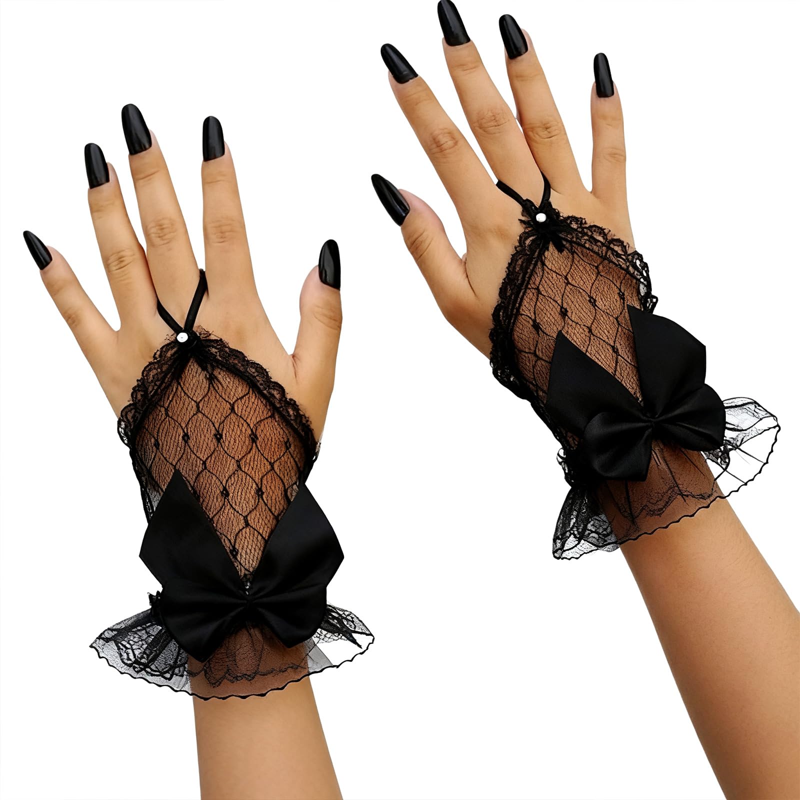 Women's Bow Fingerless Lace Gloves Mesh Sheer Gothic Gloves for Tea Party, Black