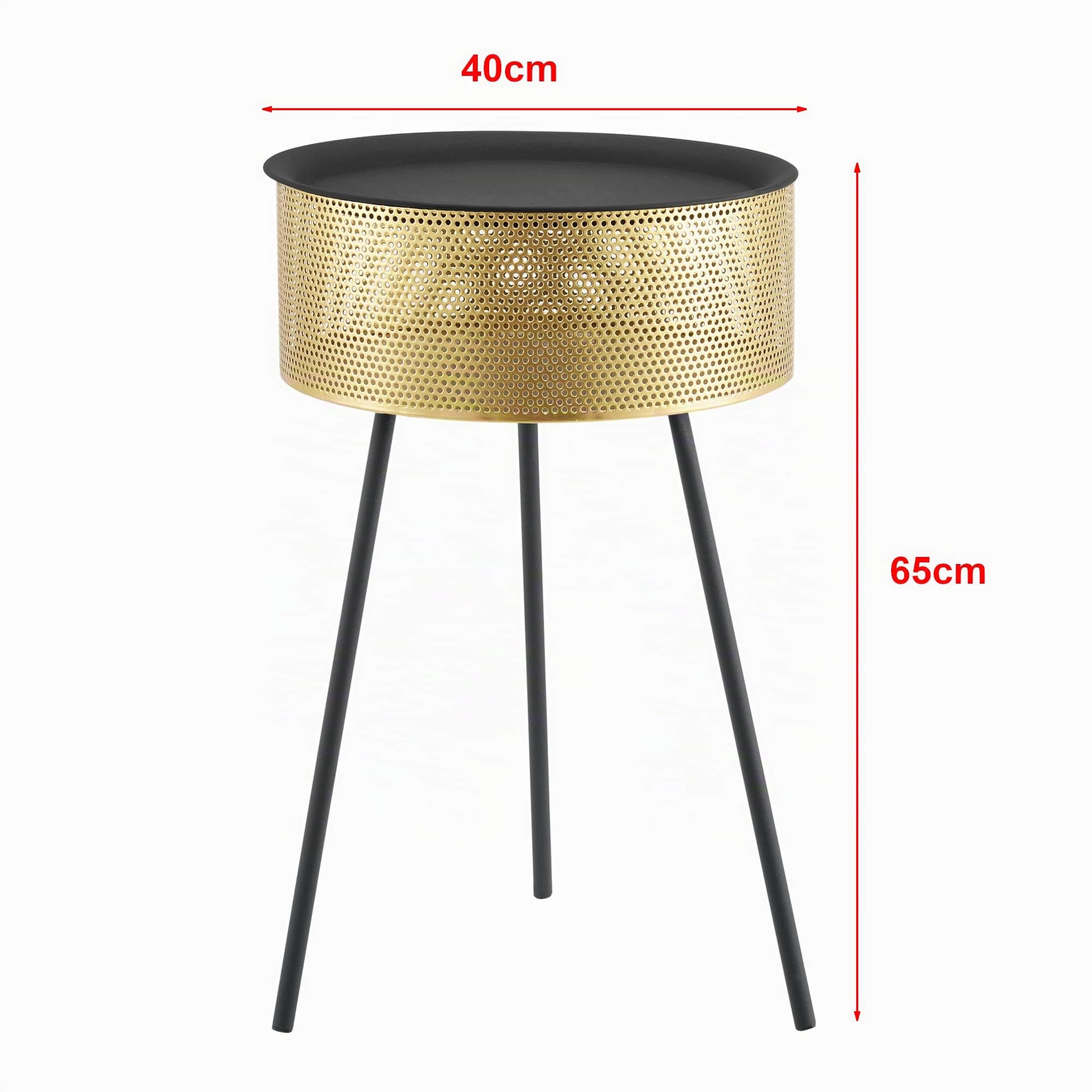[en.casa] Tavolino da Salotto (AxØ) 65 x 40 cm con Contenitore Color Oro e Piano Tondo Rimovibile, Tavolino Basso in Metallo di Stile Treppiedi - Nero/Oro