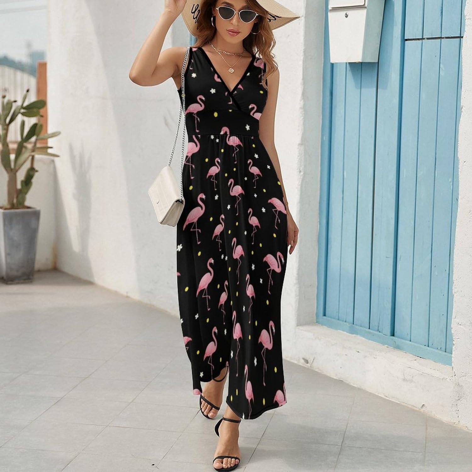 Women's Summer Casual Wrap Dress Sleeveless Flared Midi Dress