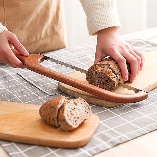 Miniatura 6 de FYLFOTA Cuchillo de pan para pan casero, cuchillo de pan de masa madre que nunca aplastará el pan, cuchillo de sierra de madera para pan de regalo