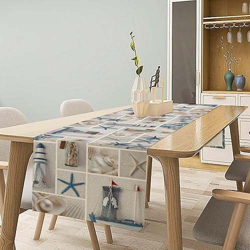 Miniatura 3 de Camino de mesa de concha de estrella de mar y caballito de mar bajo el mar, bufandas de lino de arpillera para cenas, fiestas de vacaciones,