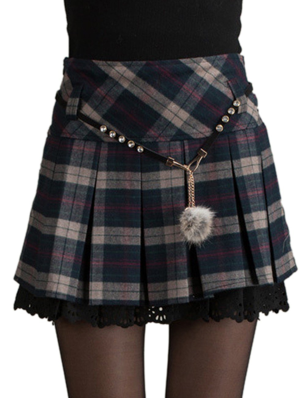 HAHAEMMA Mini Falda Mujer Plisada Escocesa Elegante Invierno Alta Cinturilla Elástica de Encaje Doble de la Colegiala (con Hermosa Cadena en la Cintura)