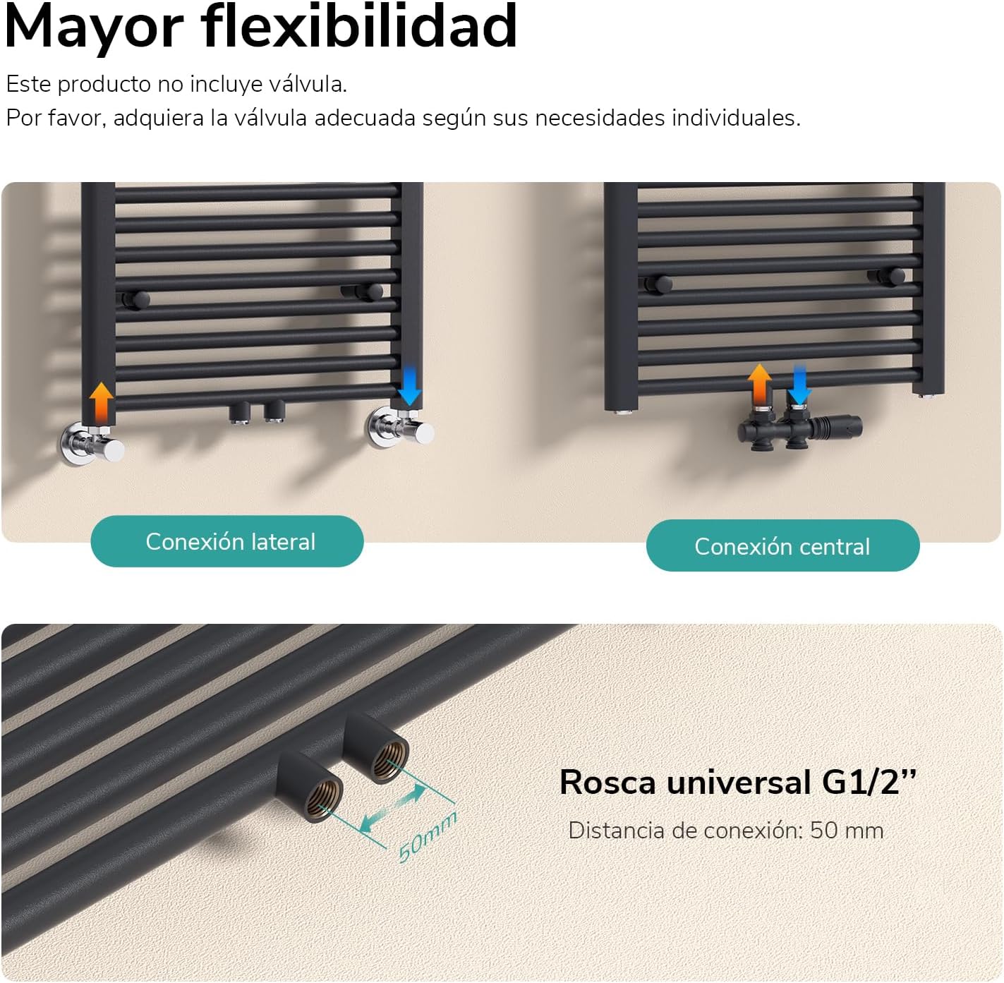 Diagram showing lateral and central connection options for the EMKE towel radiator