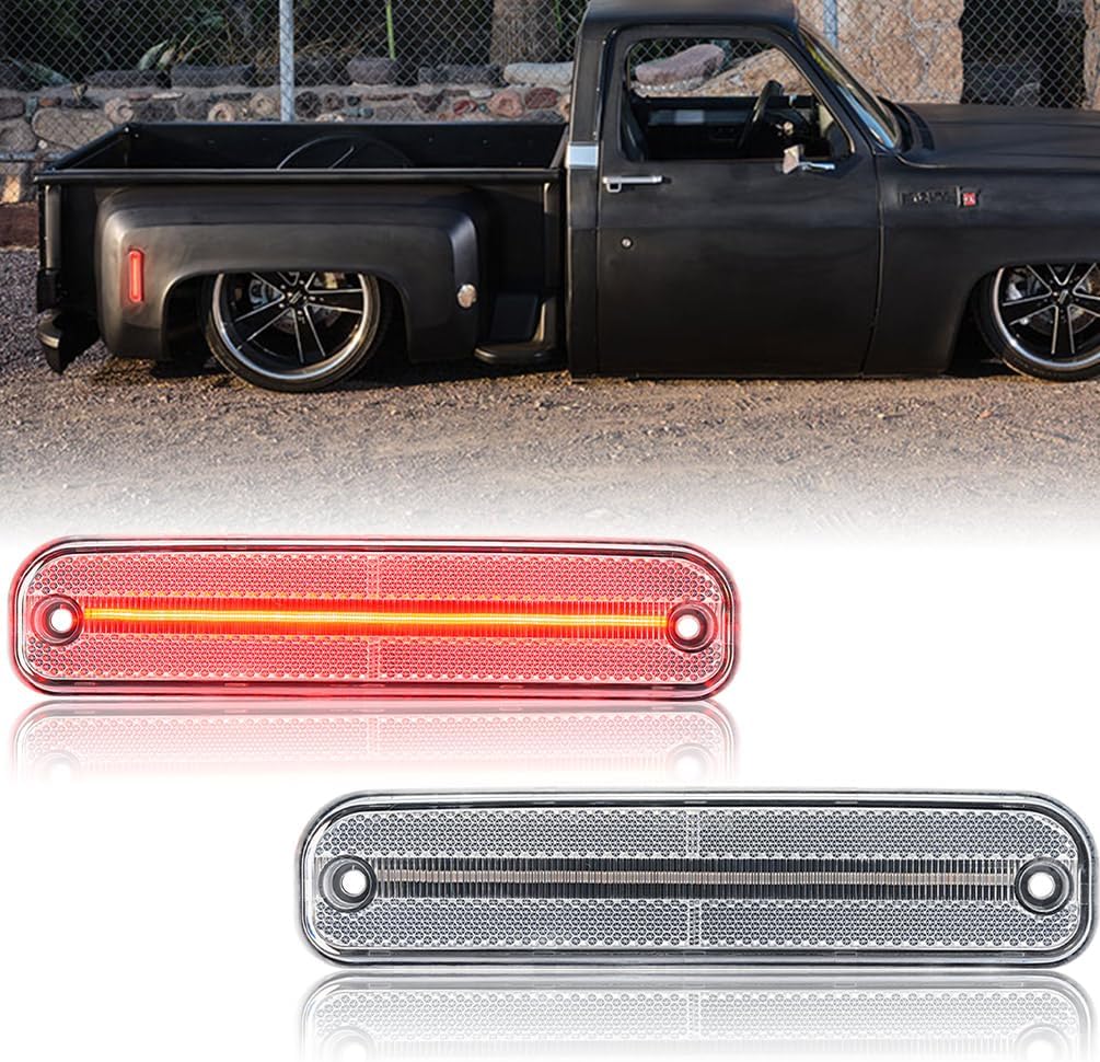 NJSBYL Rear Side Marker Lights for Chevy and GMC C10 C20 C30 K10 K20 K30 C1500 C2500 C3500 K1500 K2500 K3500 R30 V30 R3500 V3500 Pickup Trucks Clear Lens Red LED Markers Signal Lamps 6270433 6270434