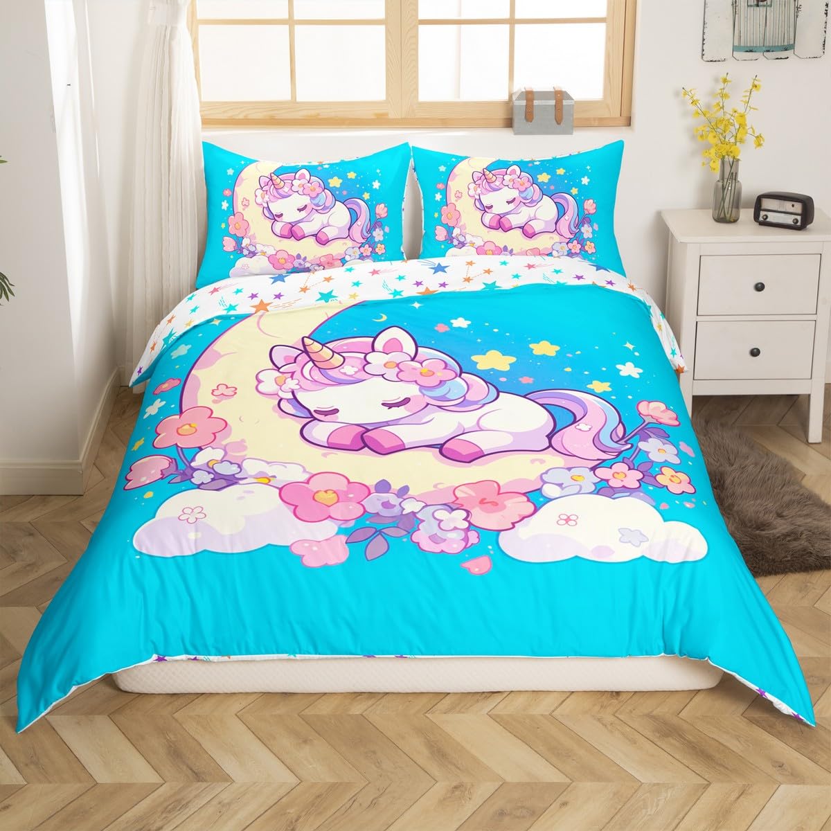 Homemissing Cute Unicorn Duvet Cover Set Double Size Children Girls Kawaii Bedding Set Floral Flower Duvet Cover with 2 Pillowcases Moon Cloud Blue — image 1
