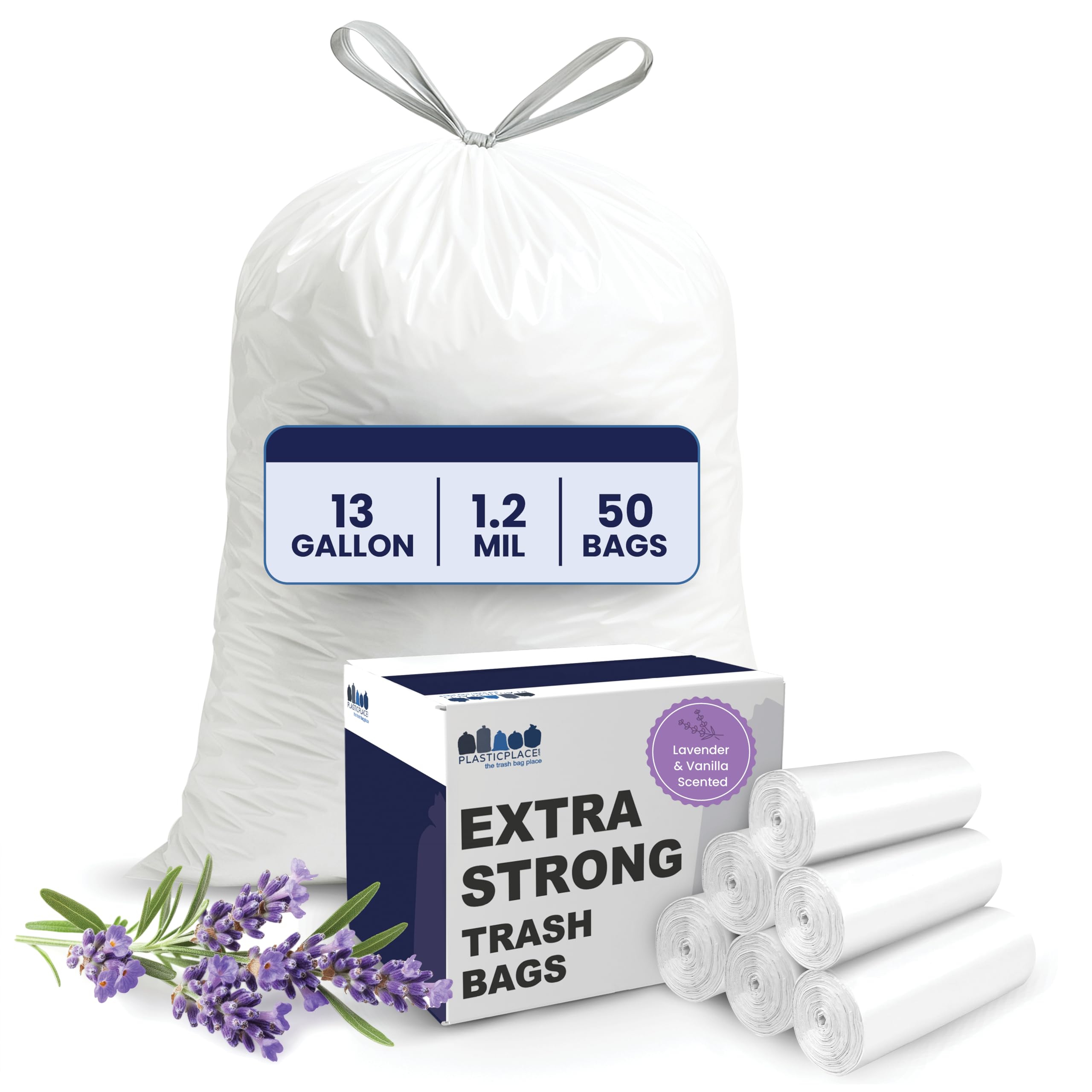 Plasticplace W13DSWHJRLV 13 Gallon White Drawstring Trash Bags │ 1.2 Mil │ Lavender and Soft Vanilla Scented Garbage Can Liners │ 24" x 31" (50 Count)