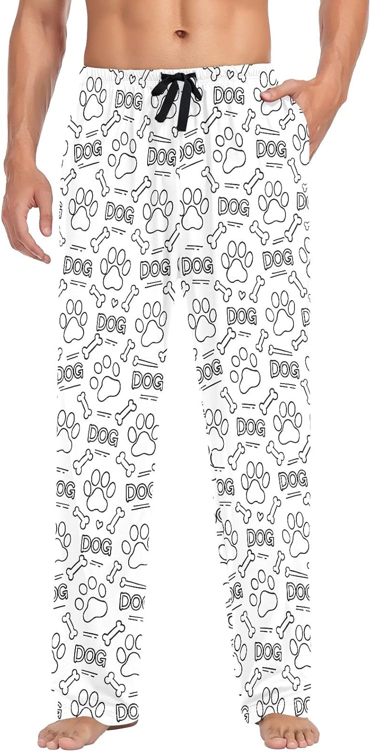 Men Pajama Pants Dog Paw Print Bones Pattern Lounge Comfortable Relaxed Sleepwear Bottom