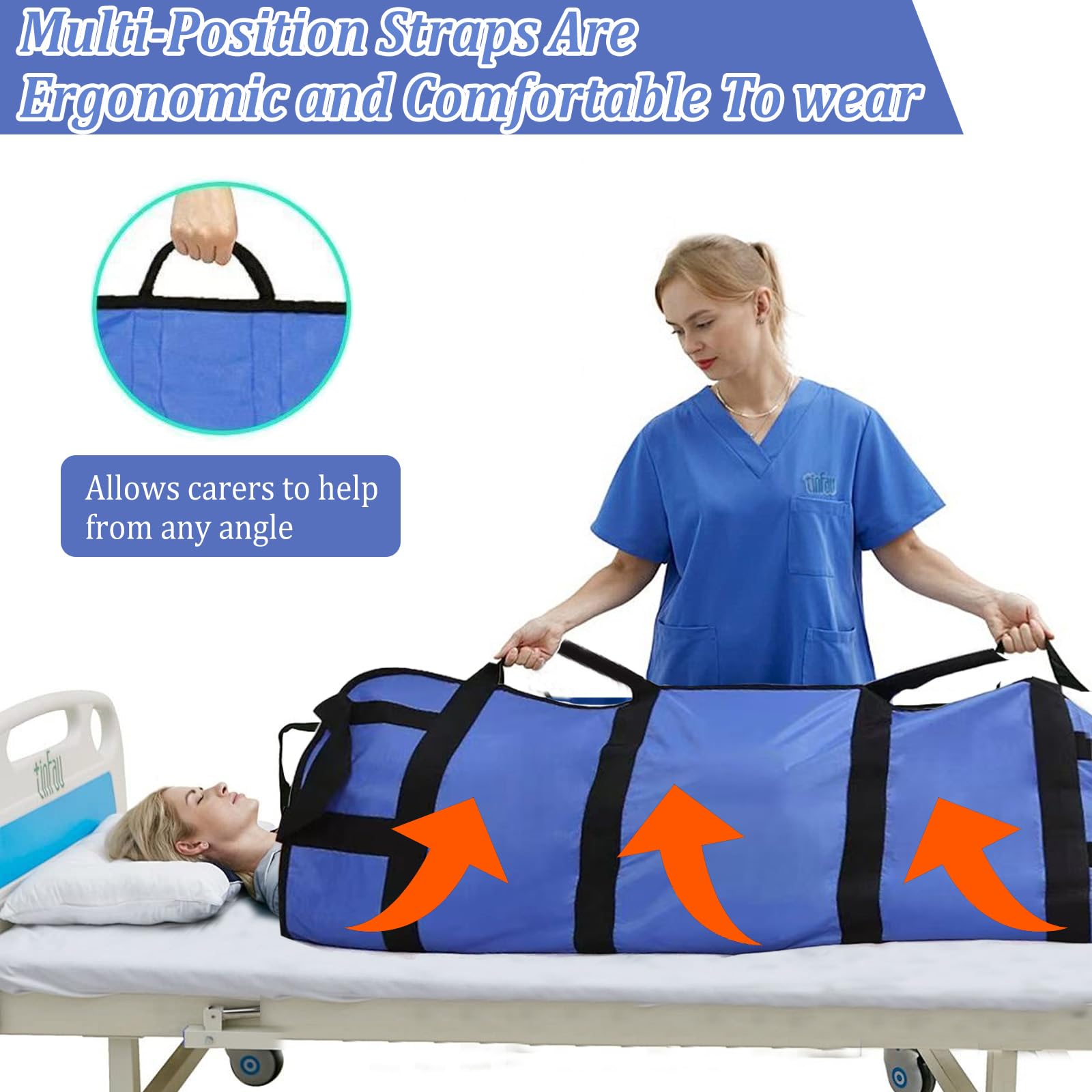 Planche de transfert pour élévateur de patients, 122 x 102 cm, avec 8 poignées, chiffon coulissant pour personnes alitées, avec poignée pour personnes en surpoids, personnes âgées et patients, bleu