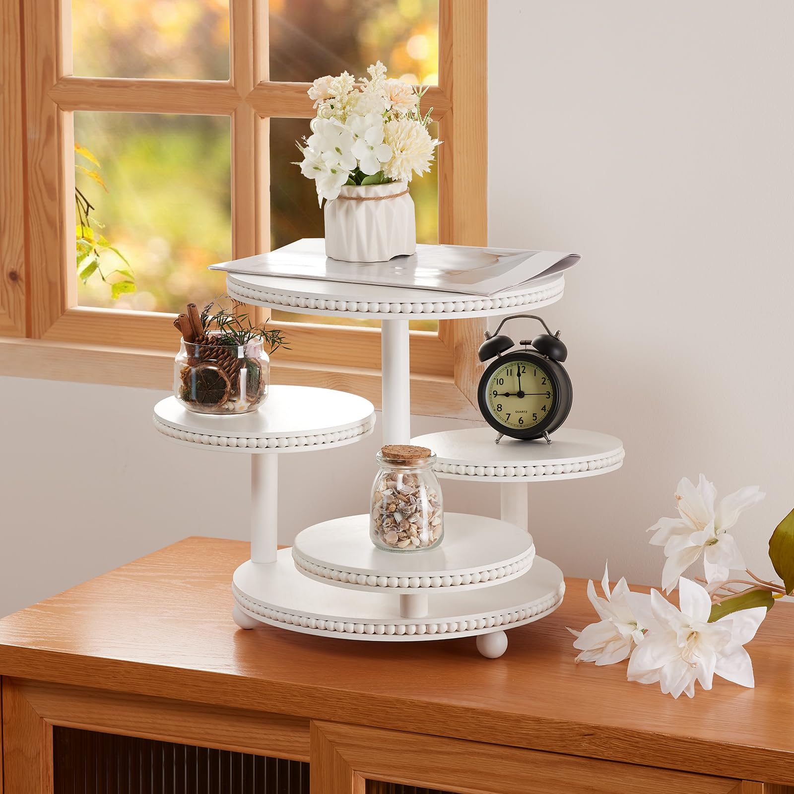 VIVIRBIEN Soporte redondo de 4 niveles para cupcakes con cuentas, soporte de madera para tartas con bandeja escalonada, decoración para 50 cupcakes, baby shower, cumpleaños, boda, graduación