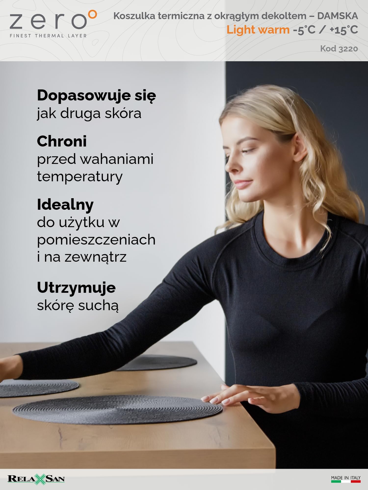 Relaxsan Zero 3220 – Damska koszulka termoaktywna długi rękaw ultralekka bielizna oddychająca z włókien Dryarn i wełny merynosowej