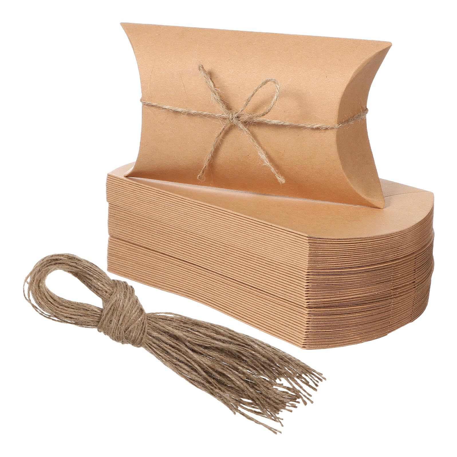 HAPINARY 150 Pièces Boîtes à Dragées d'Oreiller 150 Pcs en Papier Kraft Brun 9X13X3,5 CM avec Ficelle, Petite Boîte Présent Pliable pour Mariage, Noël, Friandises et Bijoux, Emballage