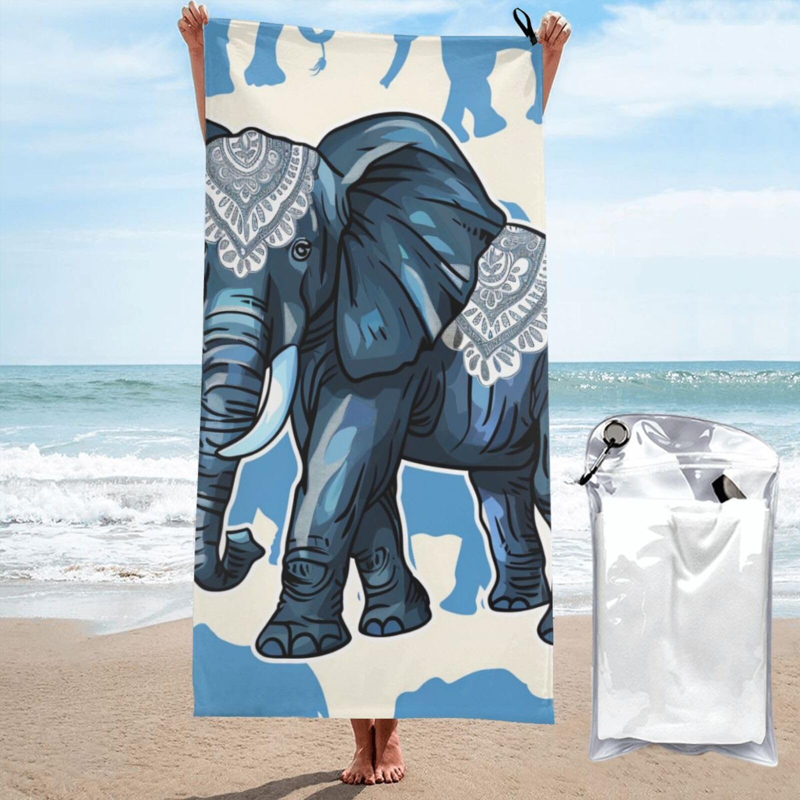 kkvhhyuo Microfiber Beach Towel, aztec elephant Printed Lightweight Quick Dry Travel Bath Sheet with Compact Carry Bag for Swimming Yoga Camping Gym,27.5"x55"