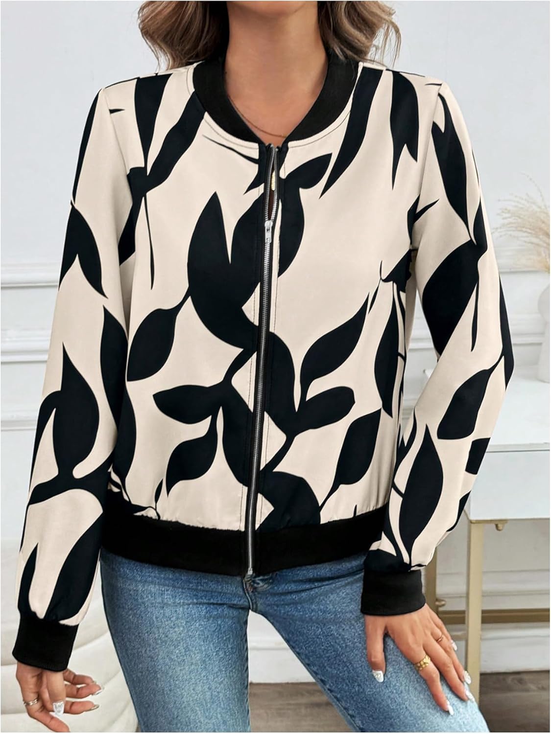 OYOANGLE Women's Graphic Zip Up Bomber Jacket Baseball Collar Long Sleeve Casual Coat Outerwear - Image 2