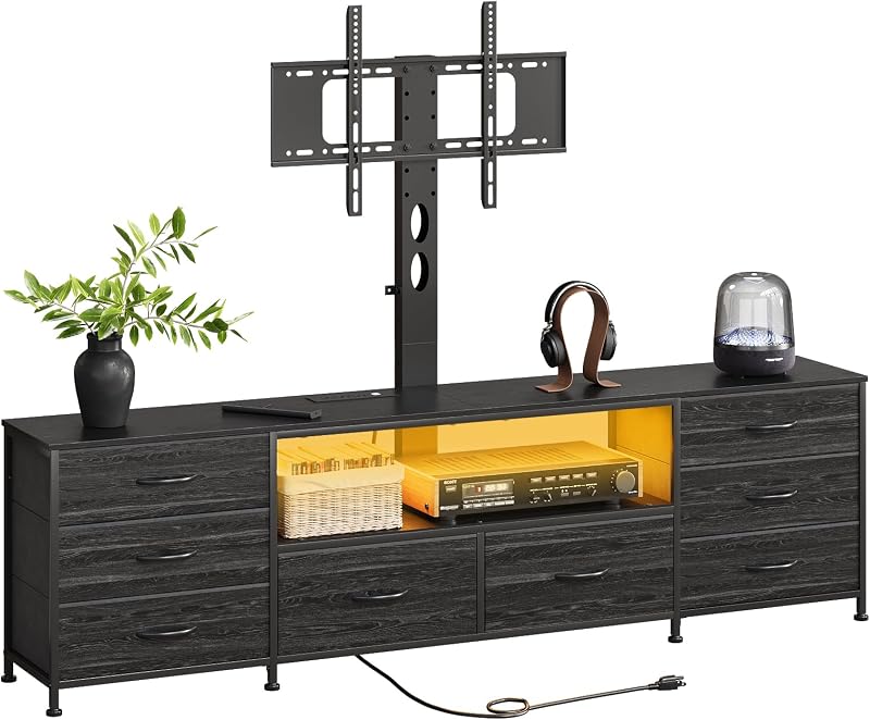 70.8" W TV Stand with Mount and Power Outlet for 65/70/75/80 Inch TV, Farmhouse Entertainment Center with 8 Fabric Drawers, LED Lights and Open Storage Shelves for Living Room (Black)