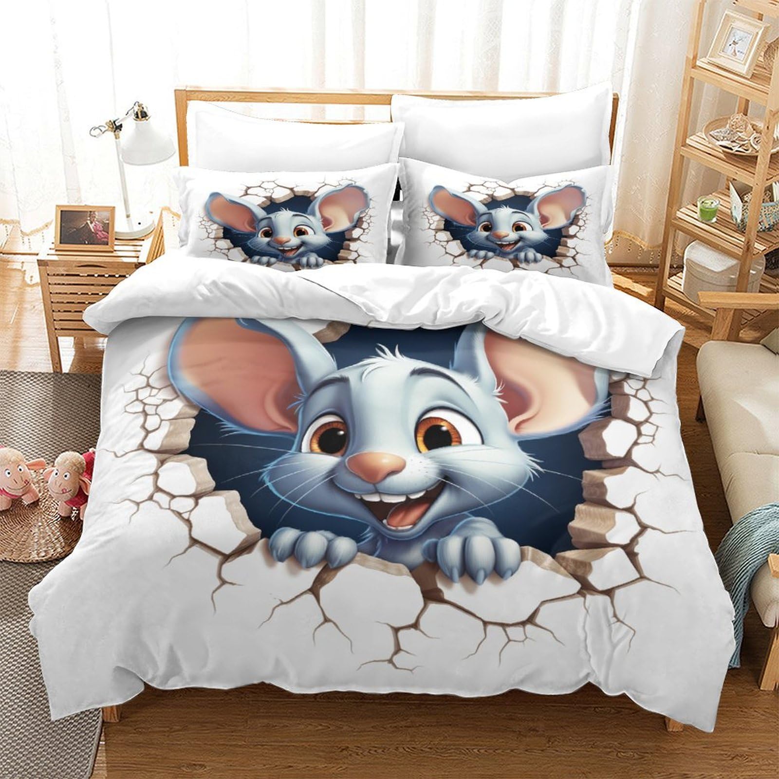 Housse de couette 3 pièces animaux 3D respirante lit 260x220 cm taies d'oreiller fermeture éclair