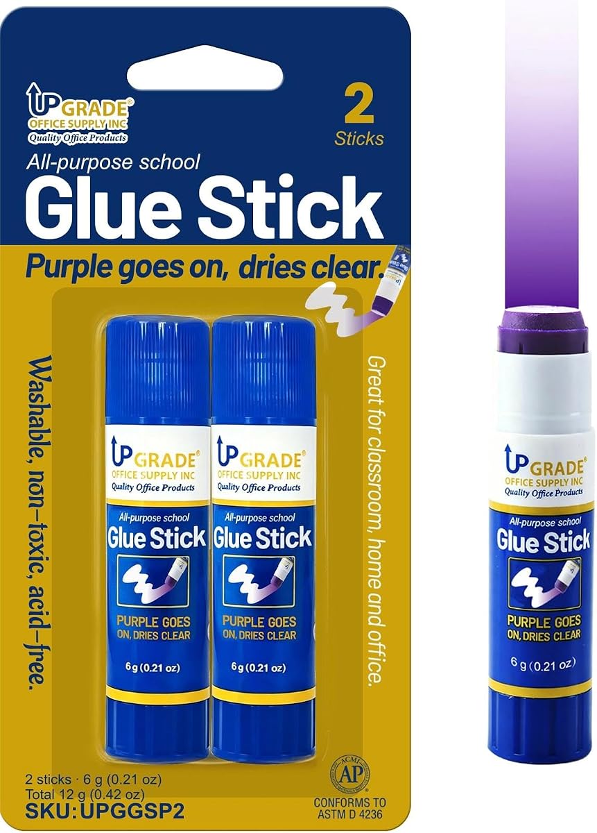Upgrade Office Supply Glue Sticks, 6g, 2 Count, Purple Goes On Dries Clear | Acid-Free, Washable Non Toxic, for Classroom, Home, Office, Art, Craft and Poster Projects