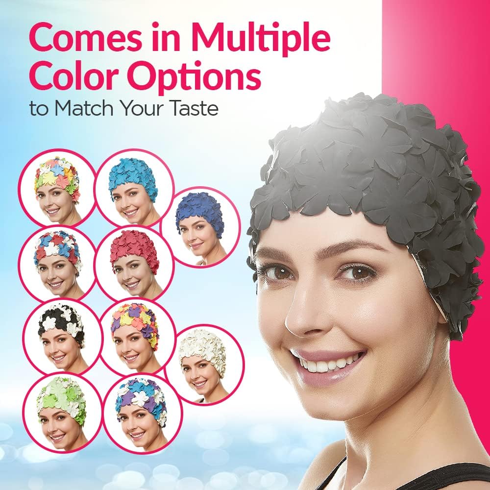 BeeMo Women’s Latex Swim Cap - Rubber Swim Cap - Soft Comfortable Stretch Stylish Low Cut Design Protects Hair from Sun Salt or Chlorine Perfect for Water Activities Optional Chin Strap Available