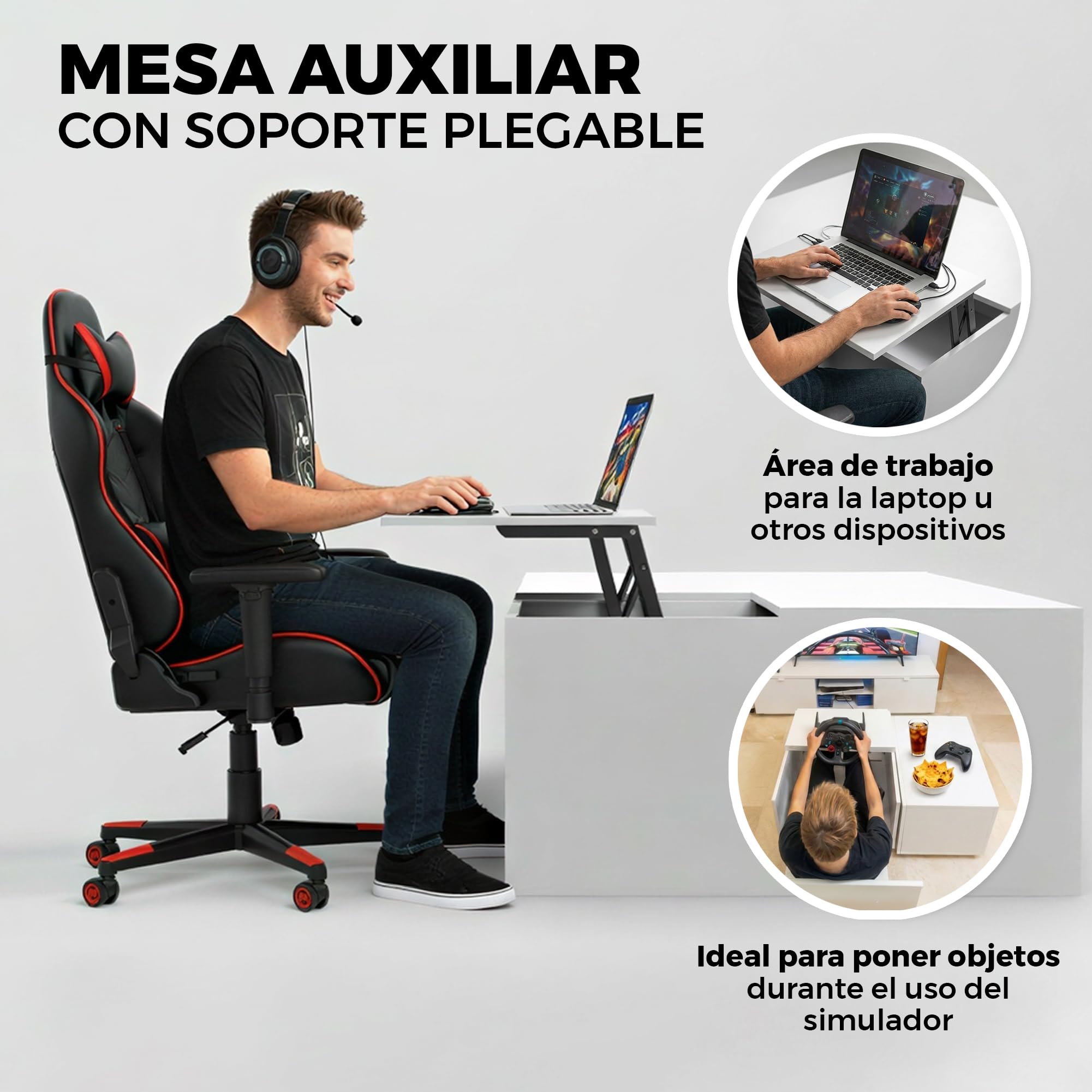 Simulador de Conducción con Volante Force Feedback (2,3NM) y Pedales Integrados en Mesa de Centro Elevable para Salón | Cockpit Gaming Compatible con PS5/PC | 79x79x47,5 cm (Blanco)