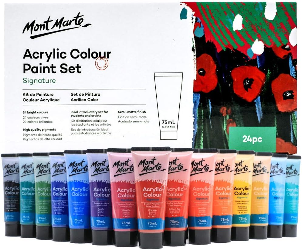 Signature Acrylic Colour Paint Set, 24 x 75ml (2.5oz), Semi-Matte Finish, 24 Colours, Suitable for Most Surfaces Including Canvas, Card, Paper and Wood