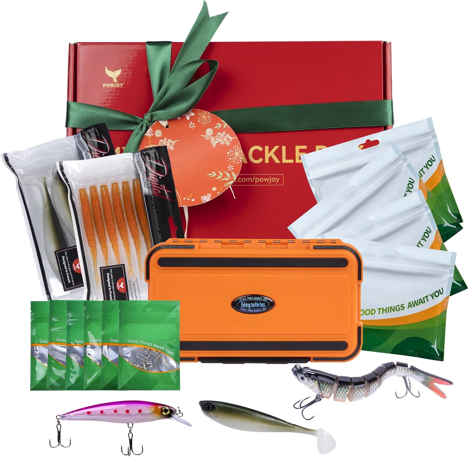 Fishing Lures Kit for Men Women, Soft Bait Tackle Box Set in Red Gift Box, Complete Fishing Gear with Pendant Keychain, for Freshwater Bass Trout Saltwater, Ideal Gift for Him Her Dad Mom