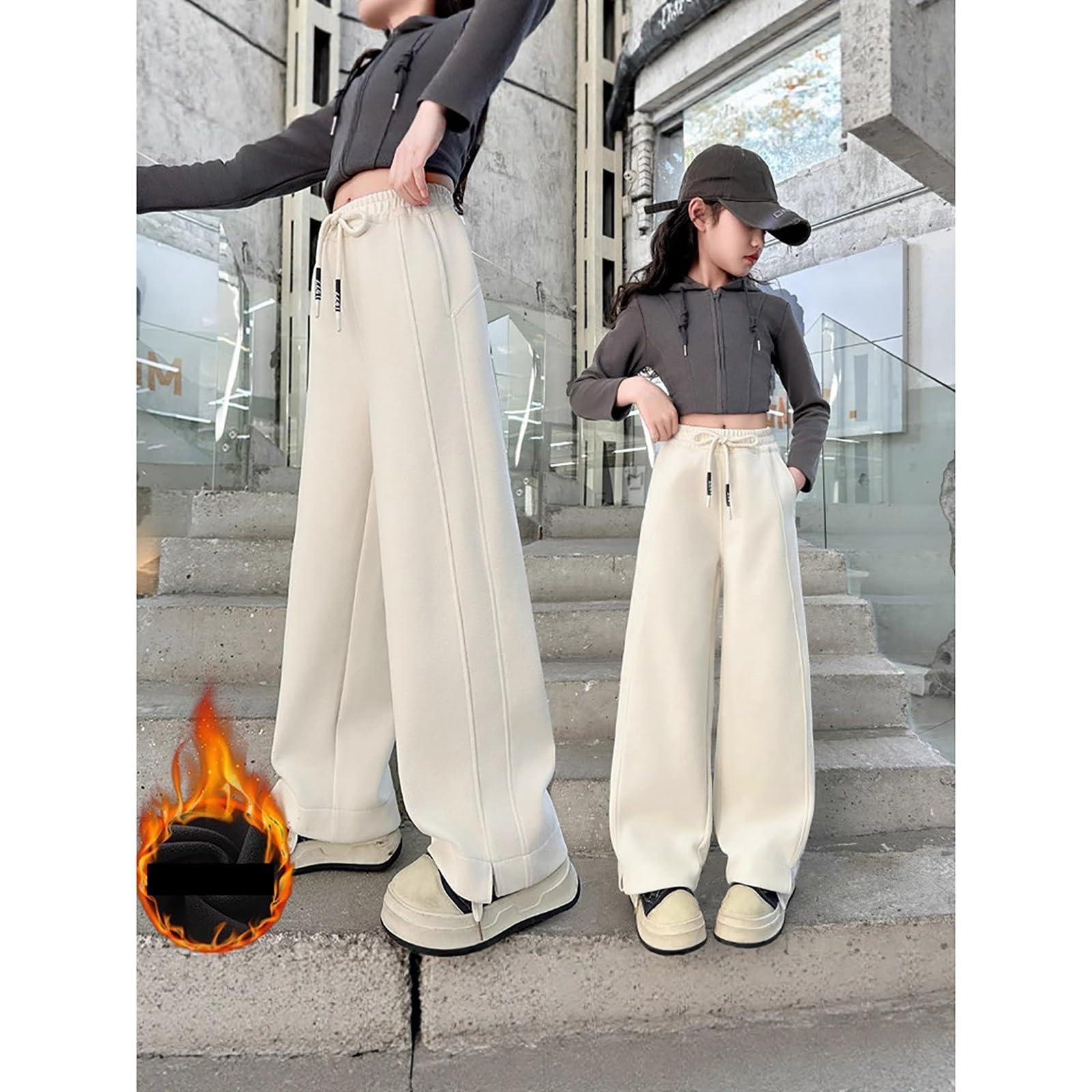 Baggy Gefüttert Joggingshose Mädchen Zweifarbig Hohe Taille Sweatpants Girls Wide Leg High Waist Stretch Elastischer Bund Sporthose Kids Streetwear Trainingshose Kinder