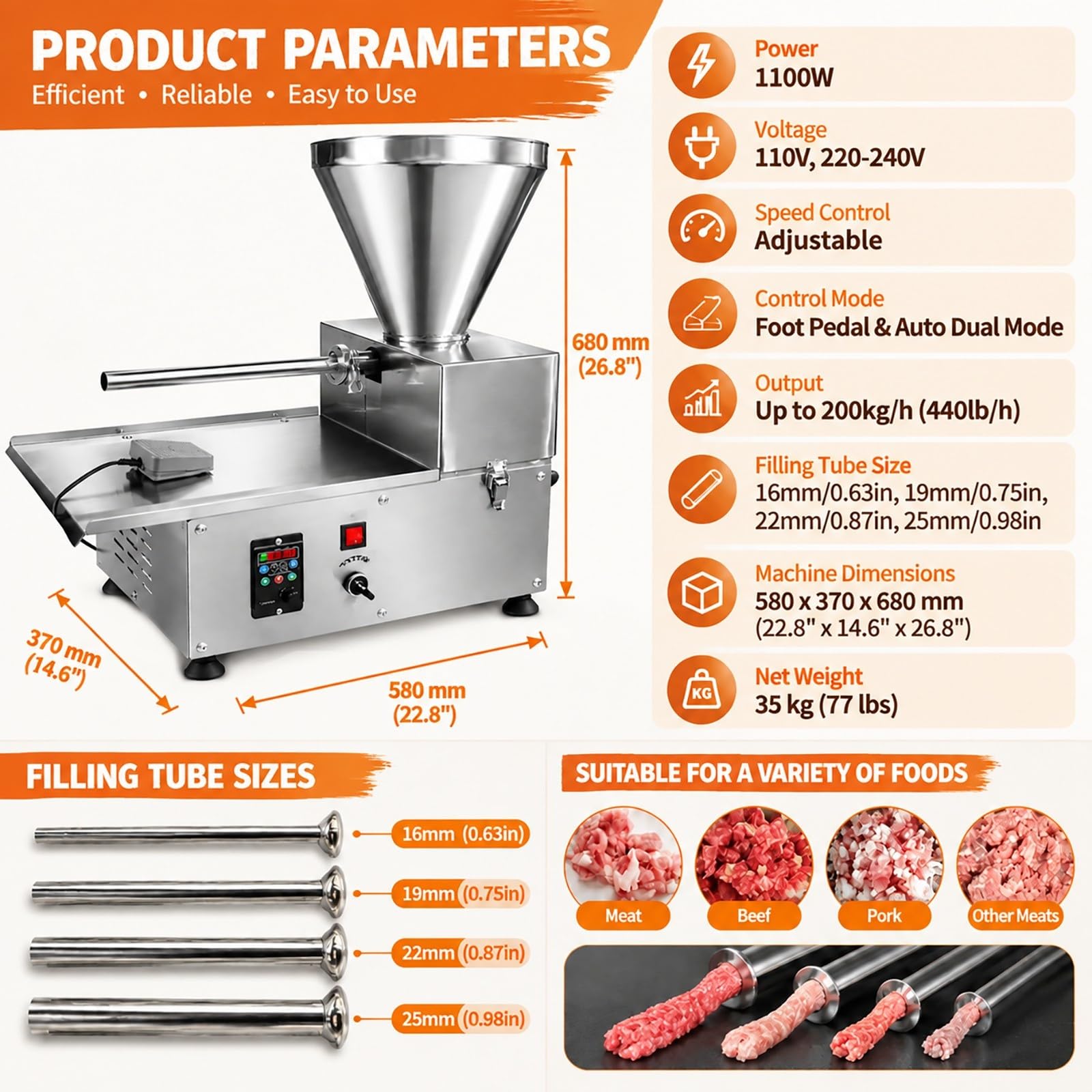 Insaccatrice Elettrica Commerciale, 440 Lb/h Riempitore Automatico Di Carne