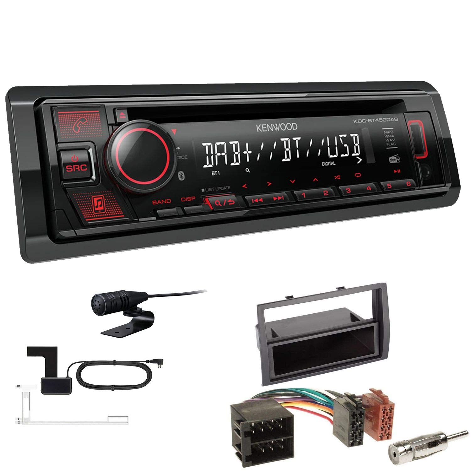 Kenwood KDC-BT450DAB 1-DIN DAB Autoradio Bluetooth CD USB AUX Einbauset passend für FIAT Ducato 2006-2011 schwarz