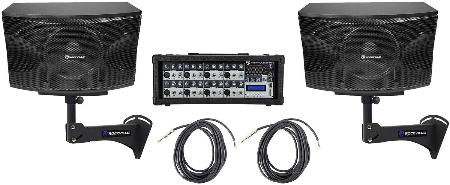 Rockville KPS12 12" Wall Speaker Pair Restaurant Bundle with RPM85 Mixer