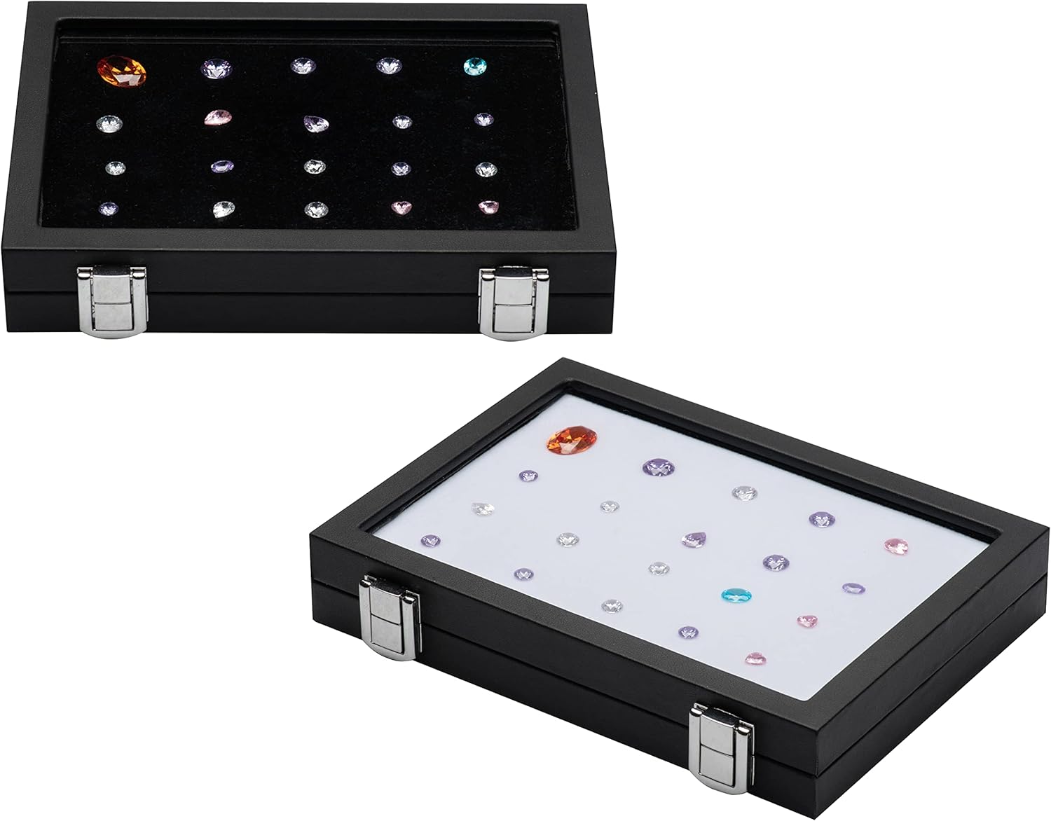 Jewelry Display Case Tempered Glass Top Lid Black Leatherette,Gemstone Display Case Jewelry Storage Box with Metal Clasp (Half-Size)