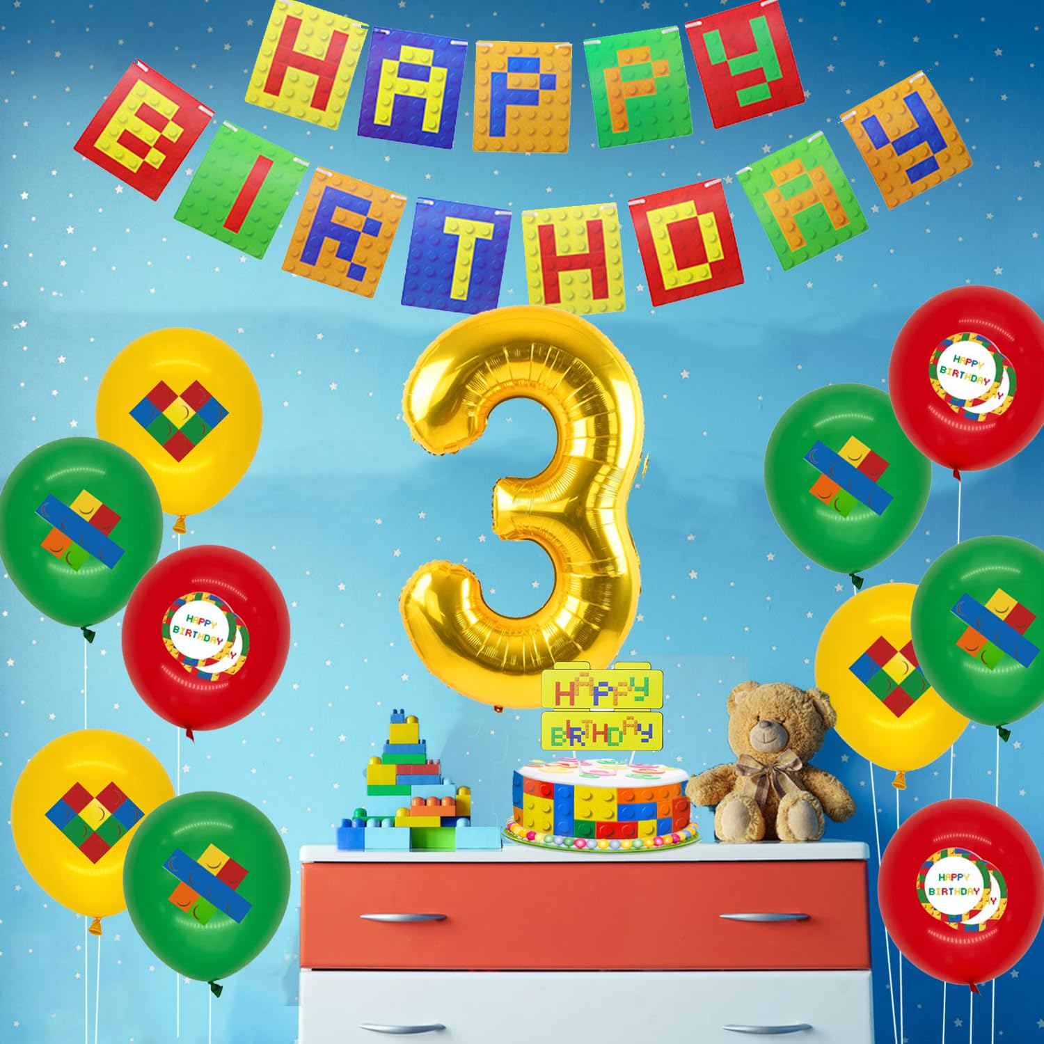 Decoración Para Fiesta De 7 Años Tema Bloques De Construcción: Globo Número 7, Pancarta Y 18 Globos De Látex – Diversión Asegurada