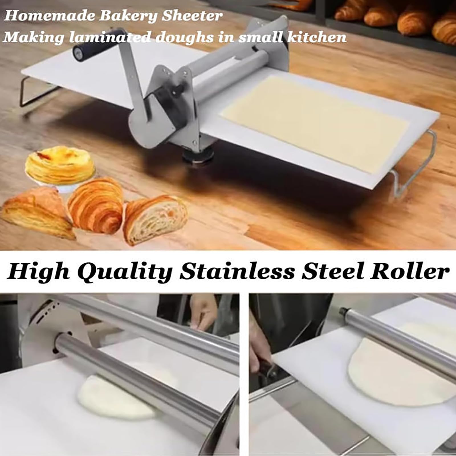 MObyat Laminoir à pâte Manuel Pliable, en Acier Inoxydable, avec Trous de positionnement et poignées de Transport, épaisseur réglable de 0 à 17,5 mm, pour Boulangerie et pâtisserie