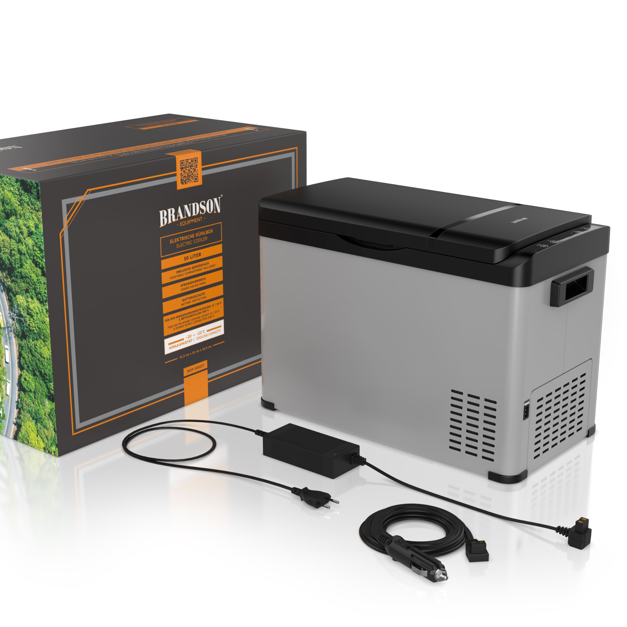 Brandson - ECO Kompressor Kühlbox XXL elektrisch - 30L Getränke Kühlschrank - Gefrierbox Kühlung bis – 22°C - Autokühlbox mit ECO Modus - 30 Liter 12V 24V KFZ – für LKW Auto Camping Boot – Cool Grey