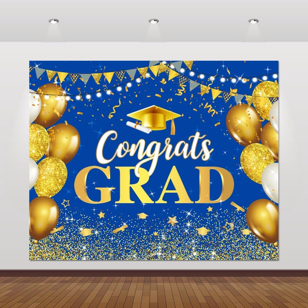 10x8ft Graduation Backdrop 2024 Congrats Grad Background Blue and Gold Graduation Prom Backdrop Banner Class of 2024 Graduation Party Backdrops Decorations