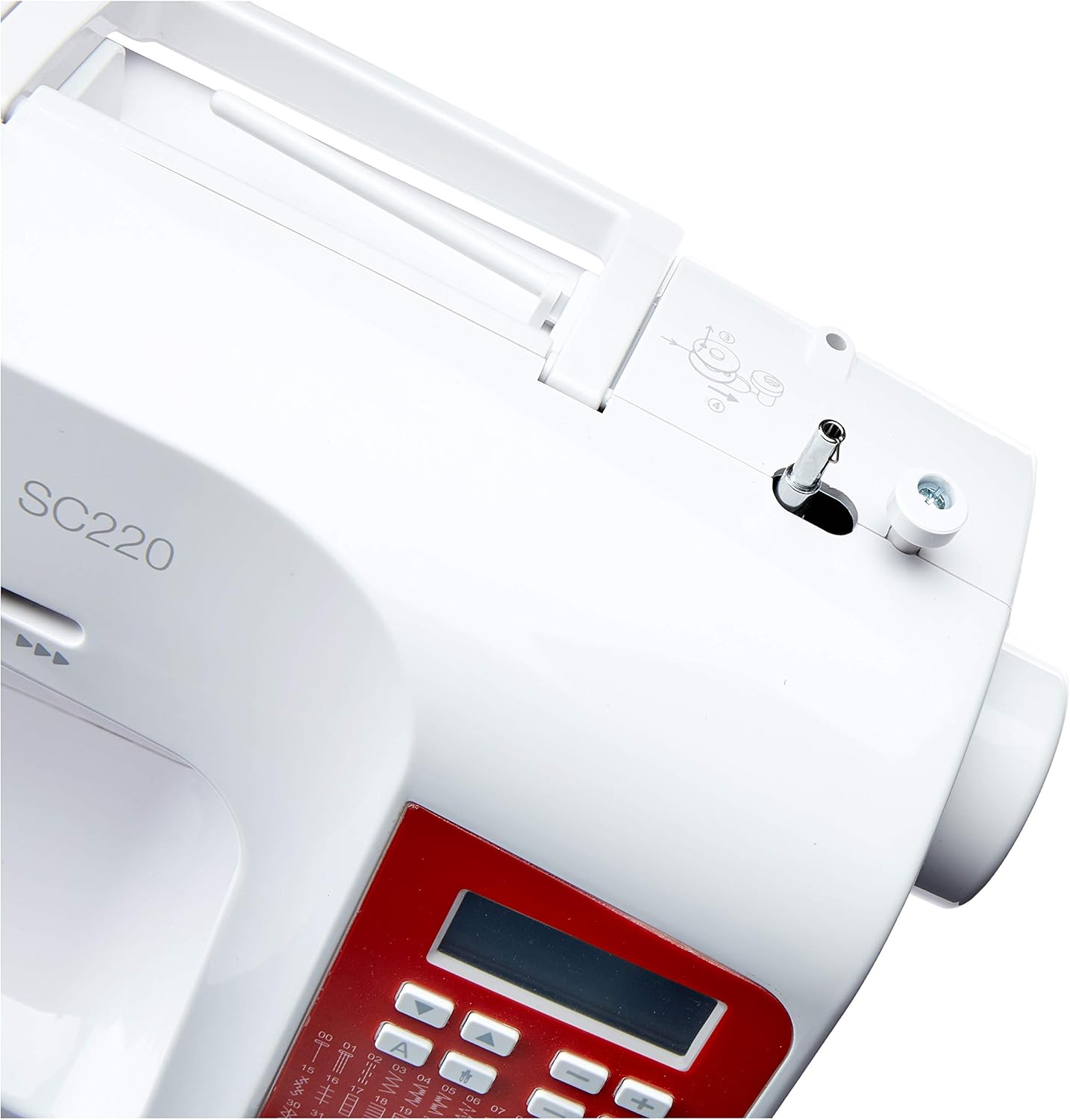 മുകളിൽ view of SINGER SC220 showing bobbin winder and thread guides