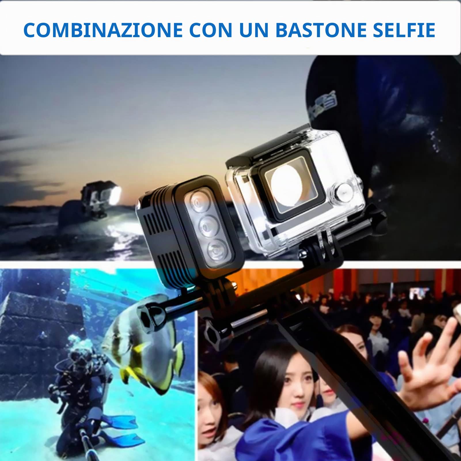 Yunseity Luce Subacquea per, Action Camera, Luce di Riempimento Subacquea Dimmerabile Impermeabile da 147 Piedi, Luce Video LED Ricaricabile USB