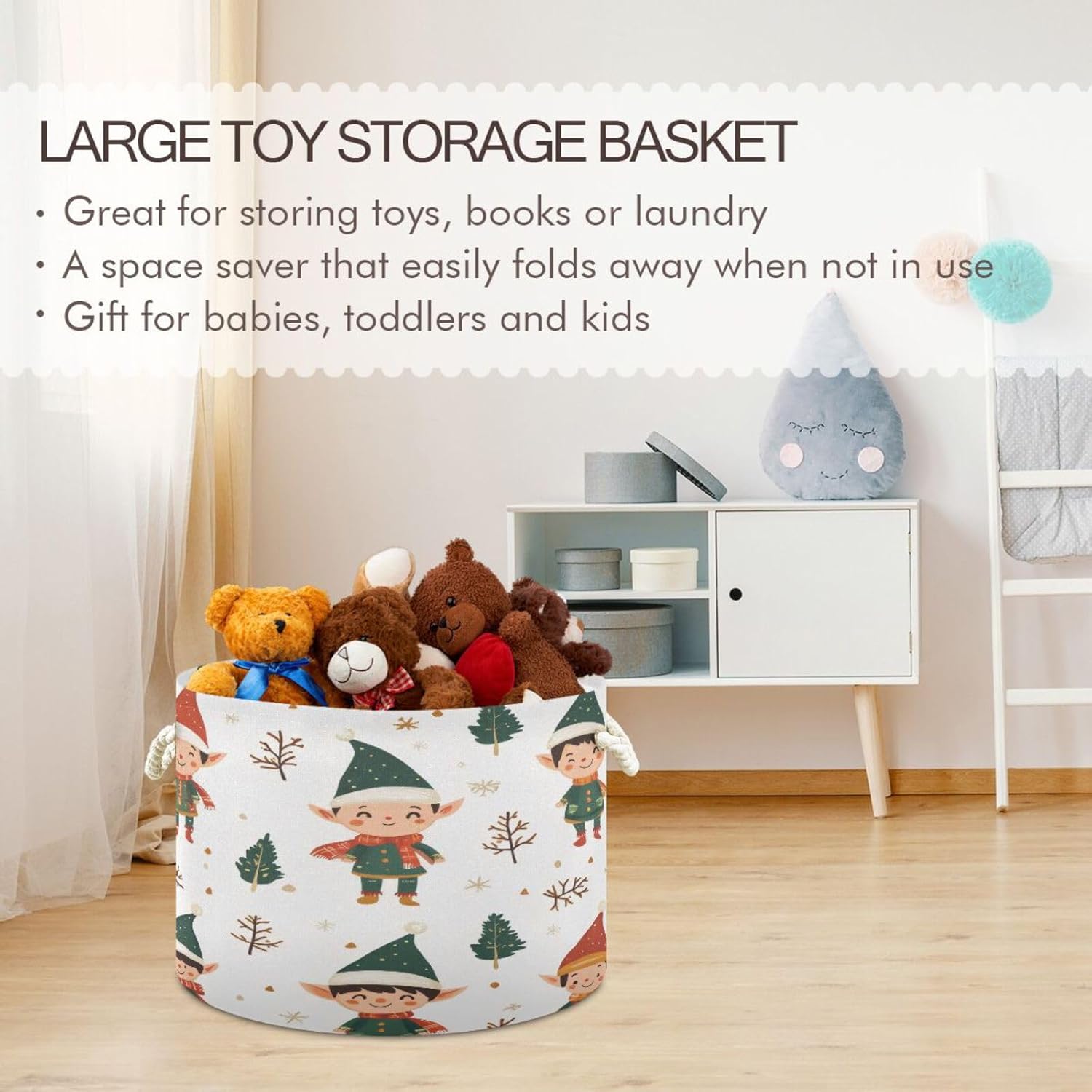 Christmas Cute Elves Extra Large Storage Basket Decorative Laundry Basket with Handles, Rope Basket for Clothes, Blanket, Towel, 20 x 14 Inch