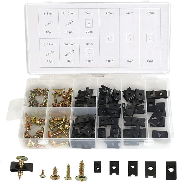 KINDPMA Spire Clips 170pcs U Clips Stainless Steel U Clips and Screw Kits with Storage Box Multiple Fender Fixing U Nuts U Clips for Cars Motorcycles Road Bikes Mountain Bikes Truck