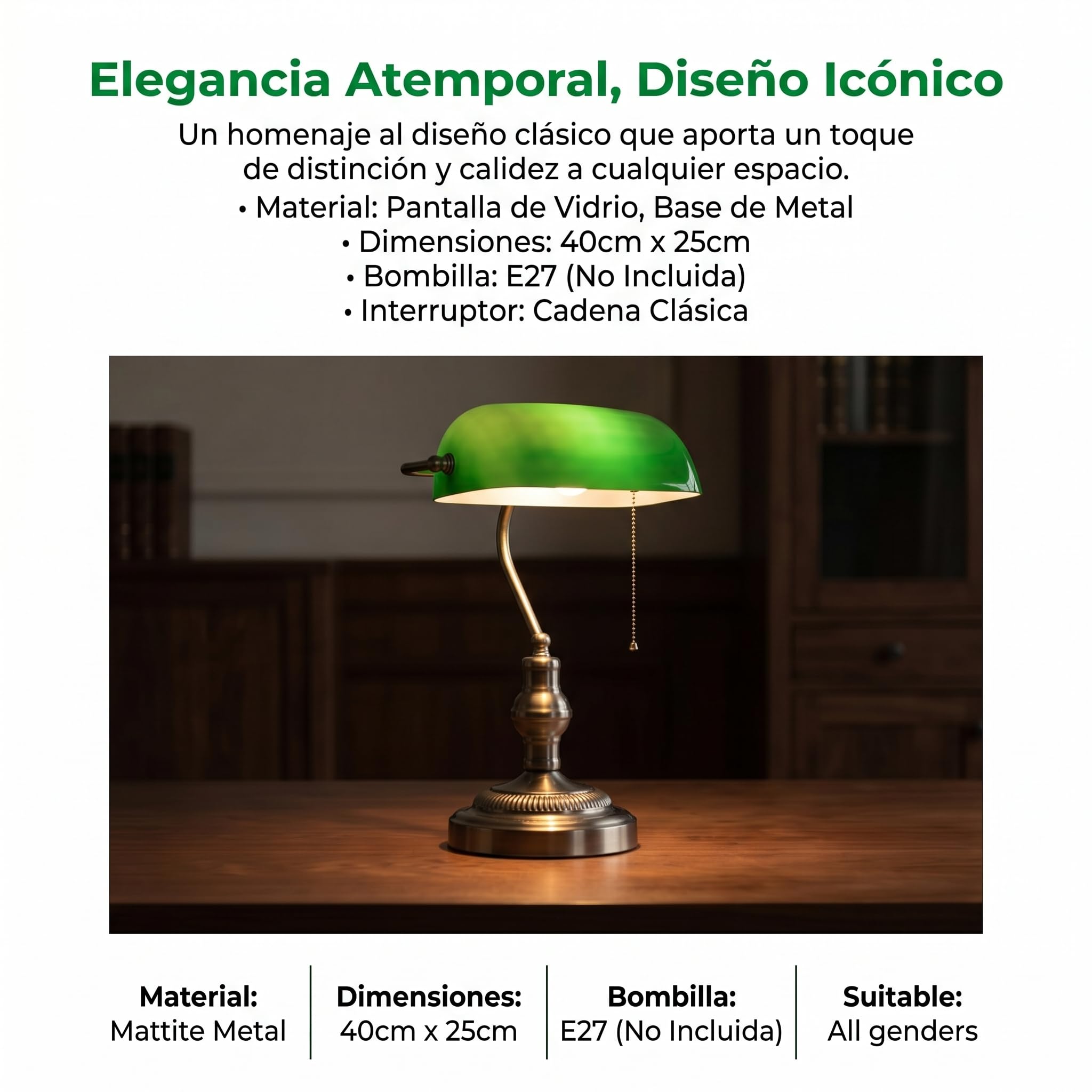 BARCELONA LED-Tischleuchte Banqueiro Vintage E27 Abajur aus Glas, Grün, Metallsockel, Nickel, klassischer Stil, Retrô, industrielle Sekretariumlampe, verstellbar, für Schreibtische