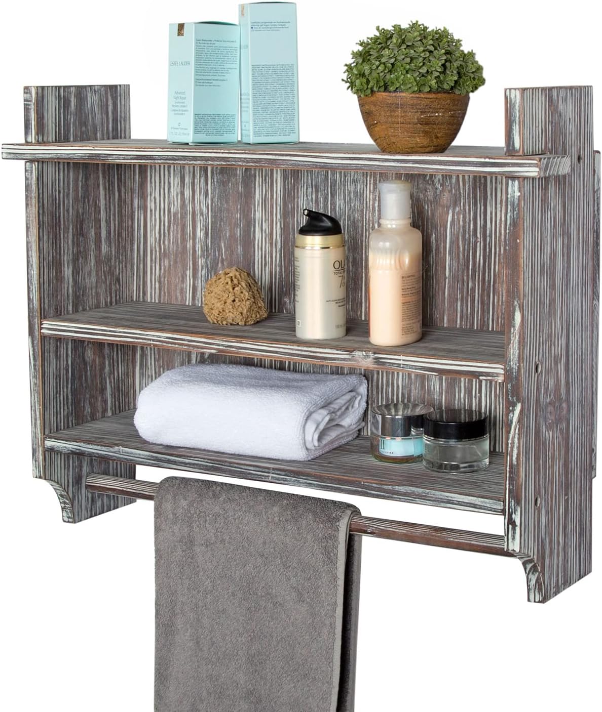 MyGift 3 Tier Wall Mounted Rustic Torched Wood Bathroom Storage Shelves, Wooden Floating Shelf Toilet Paper Holder Rack with 23 Inch Wide Towel Hanging Bar