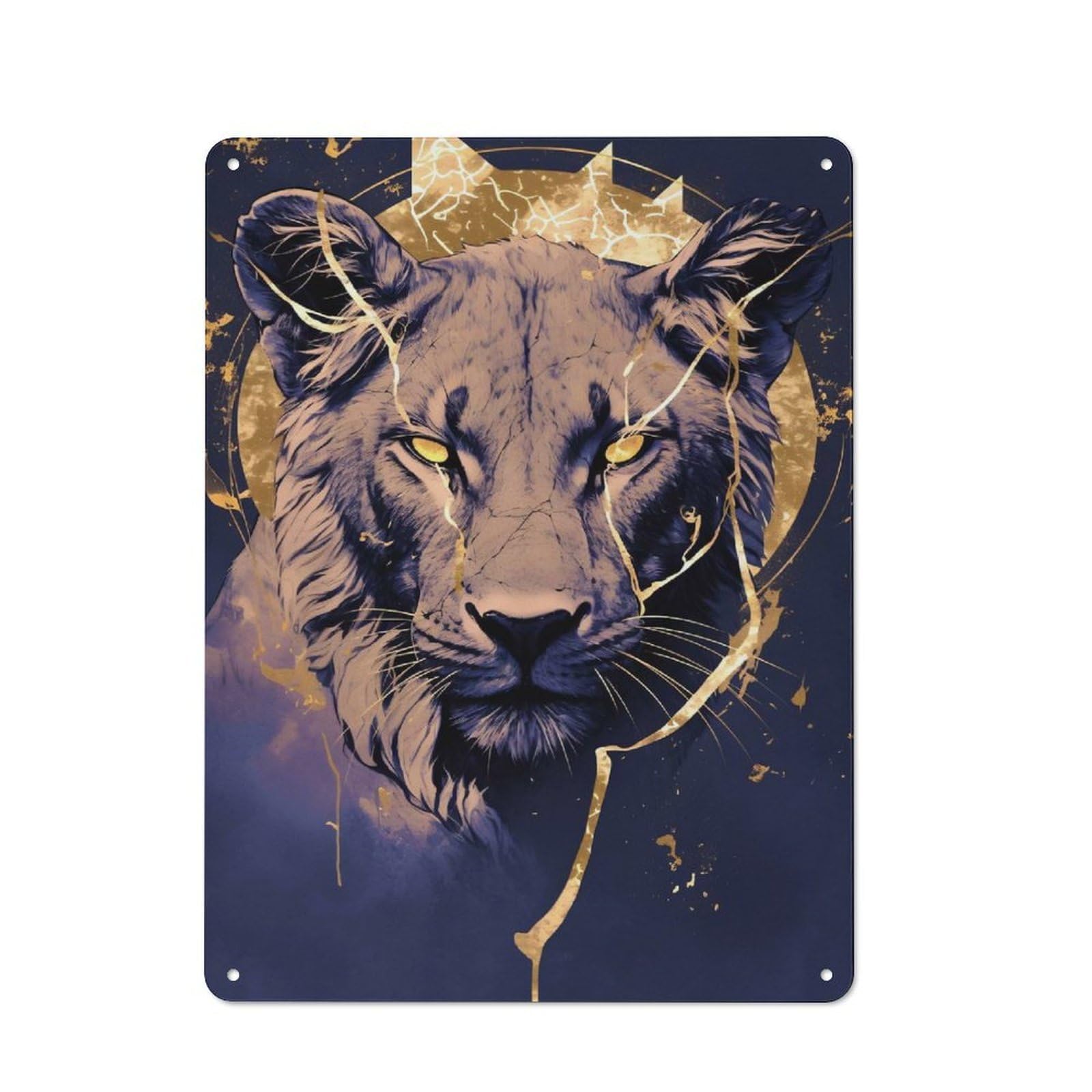 Junmoney Style-7 Lioness Portrait With Golden Accents Retro Metal Sign 40X30cm For Garage Or Workshop, With Clear Retro Wall Decor Character