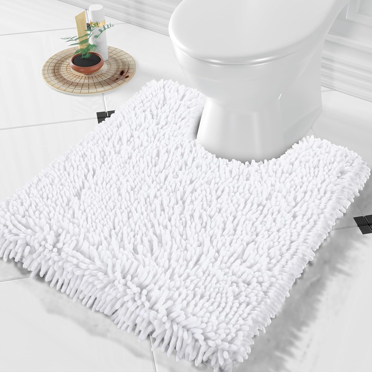 Yimobra Luxury Chenille Bath Mat, Extra Soft and Absorbent Shaggy Bathroom mats Non Slip, Machine Washble Dry, Plush Floor Carpet for Tub, Shower, and Bath Room, White, 52 x 61 cm