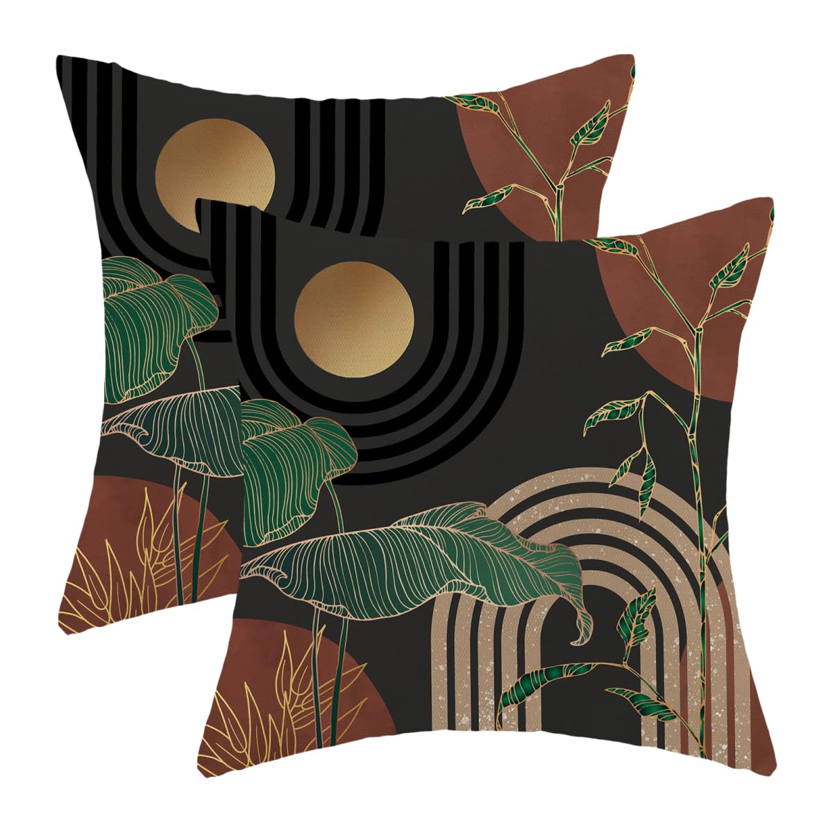 Photo 1 of *** MINOR DAMAGE SEAM INISDE CASE *** Boho Pillow Covers 16x16 Inch Set of 2 Gold Green Tropical Leaf Brown Mid Century Throw Pillow Covers Summer Bohemian Grey Pillow Cases Outdoor Decor for Living Room Bedroom Linen Square Cushion
